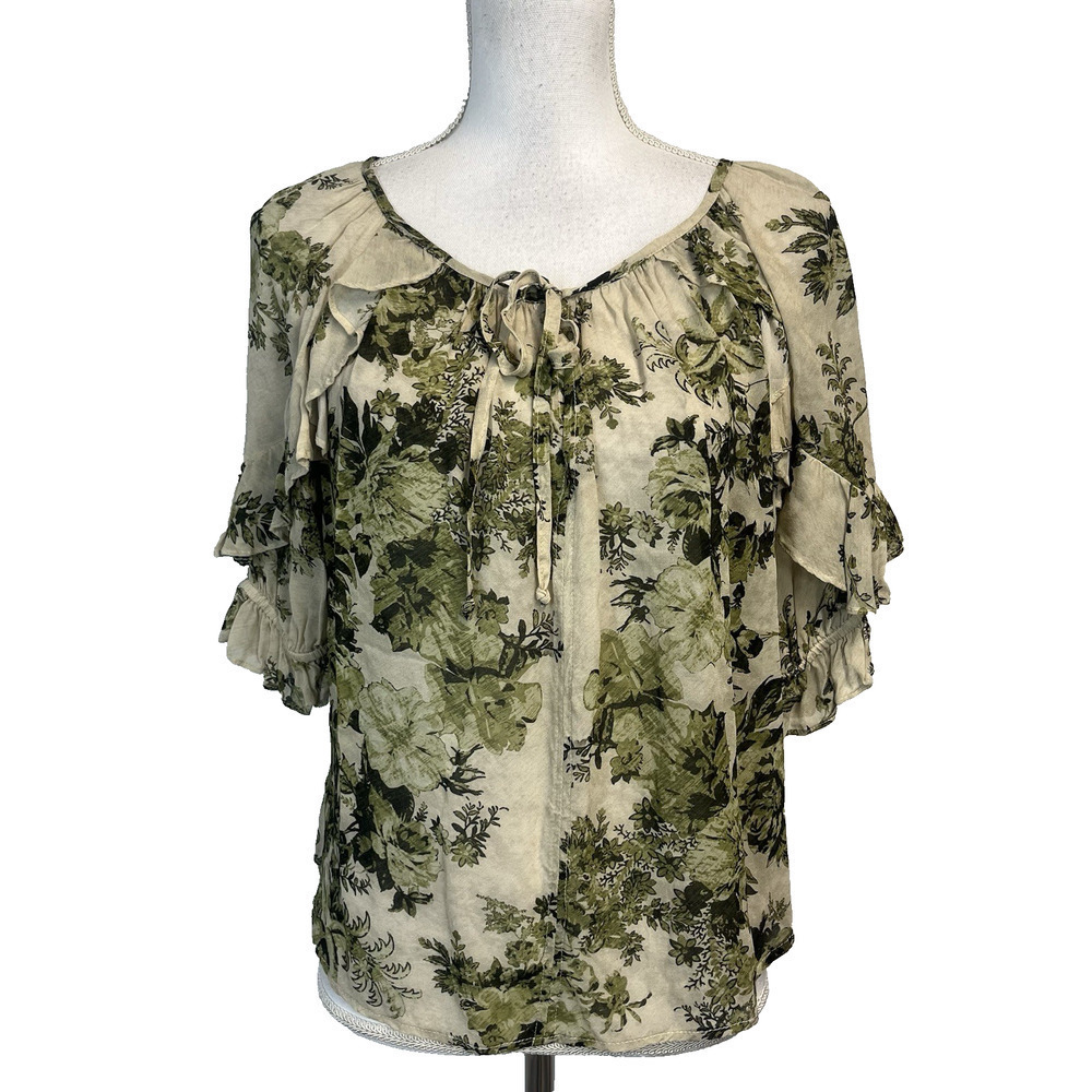 Fifteen Twenty Blouse sz Extra Small Olive Green Floral Ruffles Prairie Boho #S